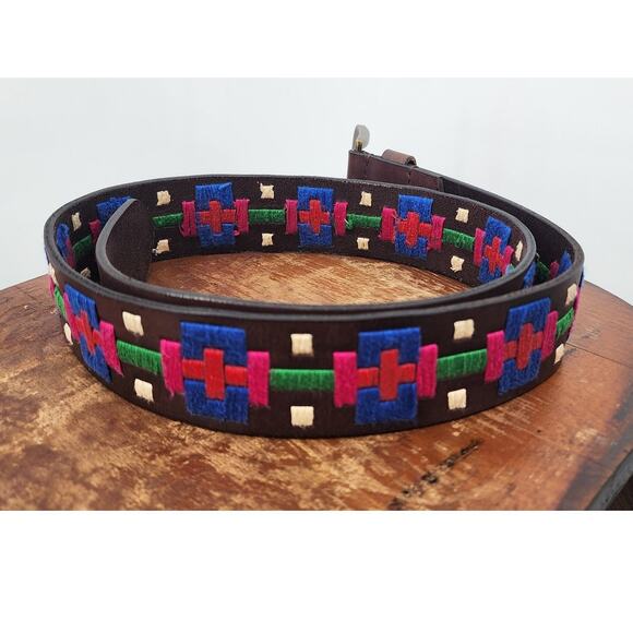 Free People High Summer Embroidered Neutral Brown Bohemian Leather Belt - Picture 2 of 4